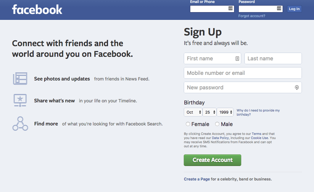 Facebook sign up page