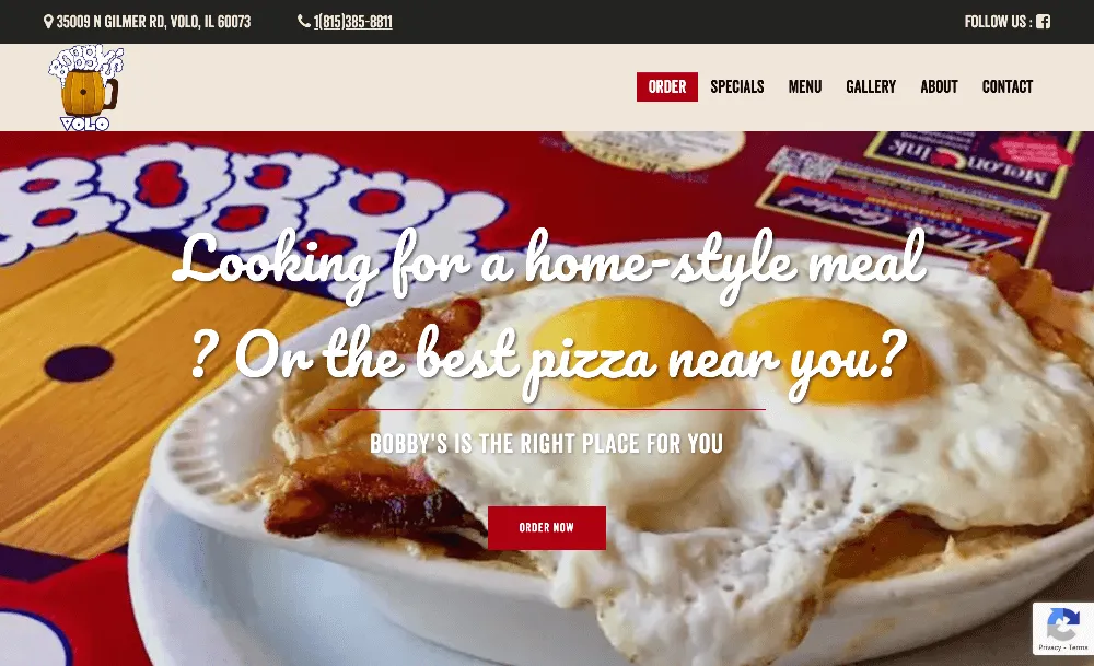 Bobby’s Barrel website with menu and ordering navigation